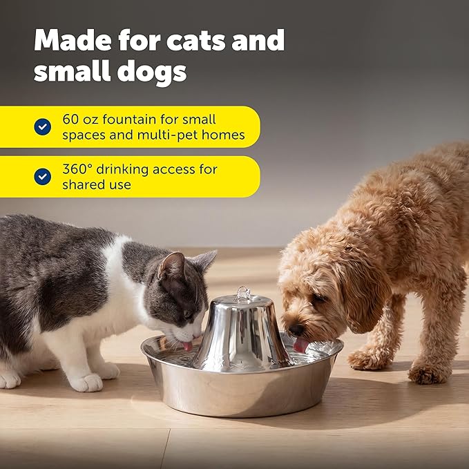 PetSafe Seaside Stainless Cat & Dog Fountain - Carbon and Foam Filters & 1 Pump Included, Tower Creates Soothing Flow for Pets, Scratch-and Rust-Resistant Material Inhibits Pet Acne, 60 Oz