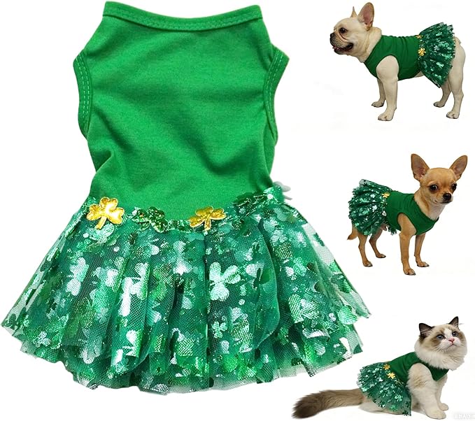 St. Patrick's Day Pet Dress Tutu, Dog Tulle Skirt for Small Dog Girls Green Puppy Dress Cat Apparel Pet Irish Holiday Outfits (Green, Small)