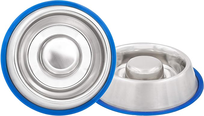 Slow Feeder Dog Bowl with Non-Slip Rubber Base for Dogs & Cats, Holds Food, Water & Treats, 25oz (SFD-M), Stainless-Steel/Blue, Medium