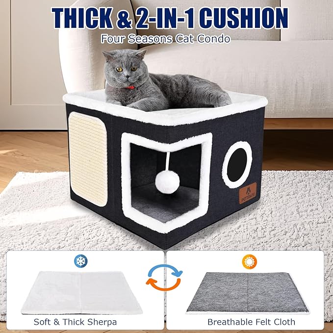 Cat Beds for Indoor Cats, Large Cat Cave Bed with Scratch Pad and Fluffy Ball, Foldable Cat Hideaway, Cat House with Reversible Cushion for Multi Small Pet Up to 30LBS, Dark Grey
