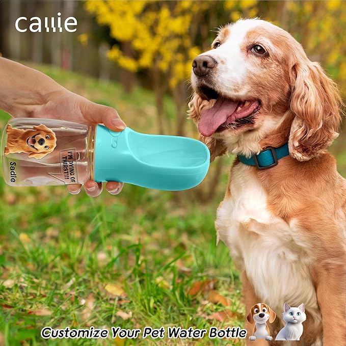Personalized Dog Water Bottle - Custom 3D Cartoon Pet & Name, Portable Leak Proof Water Dispenser with Drinking Feeder, Dogs Cats Travel Walking Hiking Gifts for Pet Owners