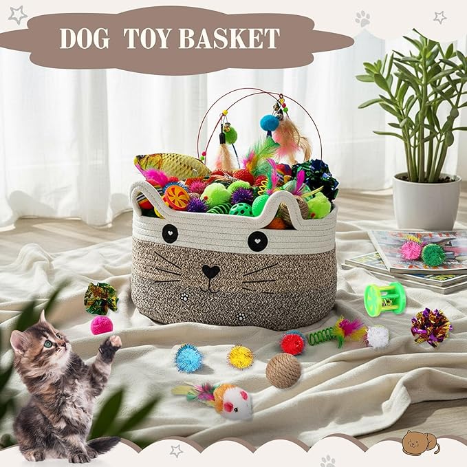 Zopeal 76 Pcs Graduation Cat Storage Basket Gift Toys Set Interactive Cat Toys Kitten Wand Colorful Flashing Balls Pet Crinkle Balls Attract Kitten to Swat, Hunt for Pet Indoor(Brown)