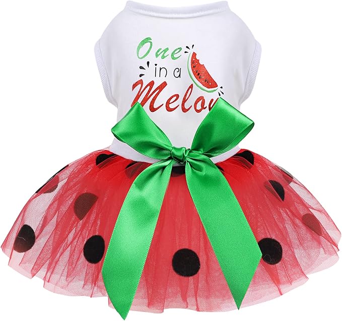 Small Dog Dress for Girl Watermelon Polka Dots Mesh Outfit, Summer Fall Tutu Dresses Cat Apparel, Cute Pet Puppy Clothing Doggie Outfits (X-Small, Watermelon Red)