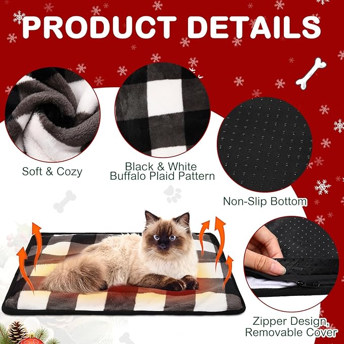 HunnmingRe 2 Pack Self Warming Cat Bed Self Heating Dog Pad Cat Warming Pad Thermal Pet Mat Washable Reflect Body Heat Removable Cover for Indoor Kittens Puppies (Black White Plaid,16 x 20 Inch)