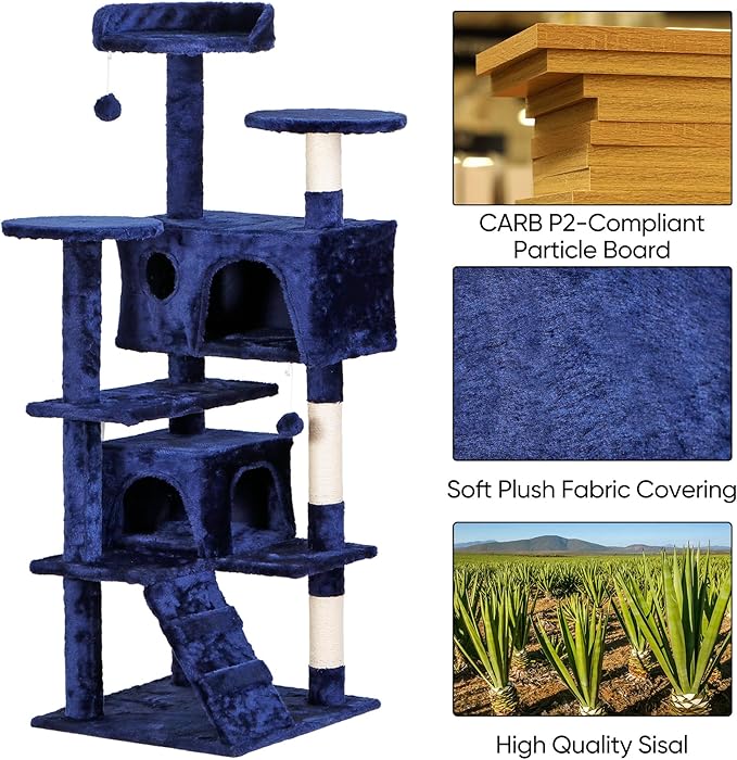 52” Multi-Level Cat Tree Condo Furniture Kitten Activity Play House Bed Pet Kitty Climbing Tower with Scratching Posts/Plush Perch/Scratcher Ladder/Tunnel for Cats,Kittens,Pets (Blue)