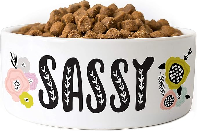 Customized Dog Food Bowl, Ceramic, 6 inches, Floral Design, Dishwasher and Microwave Safe