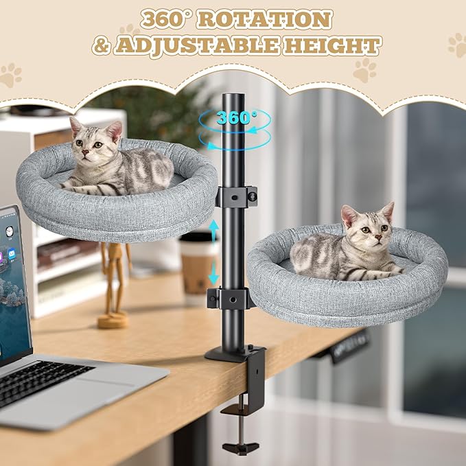Cuipingoo Cat Desk Bed - 360° Rotating & Adjustable, Supports 40 lbs, Soft Faux Fur with Dual-Sided Reversible Mat, Modern Indoor Cat Nest Furniture for Office Desks and Game Tables, Island Table