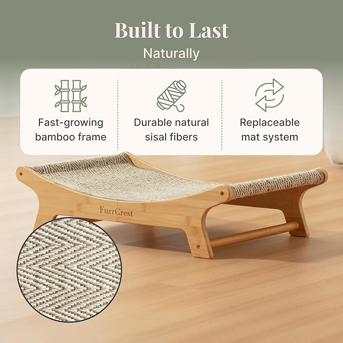 XL Sisal Cat Scratcher Bed with Elevated Hammock for Indoor Cats, Replaceable Natural Sisal Pad, Large Cat Lounge, Anti-Slip No-Wobble Bamboo Frame, Grey Chevron.