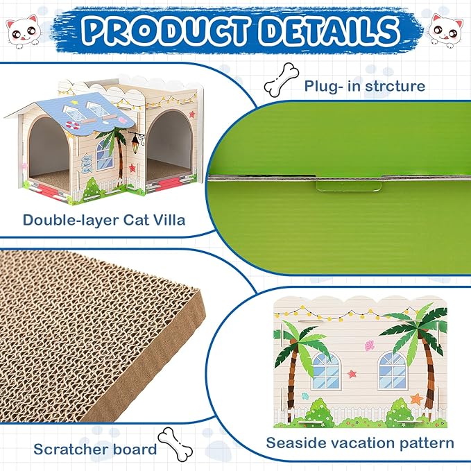 Lineshading 2 Story Cardboard Cat House with Scratcher Pad, Multi Level Durable Cat Scratcher House for Small Kitten Bunny Rabbit Animals Christmas Birthday Gift(17x12x10,Beach)