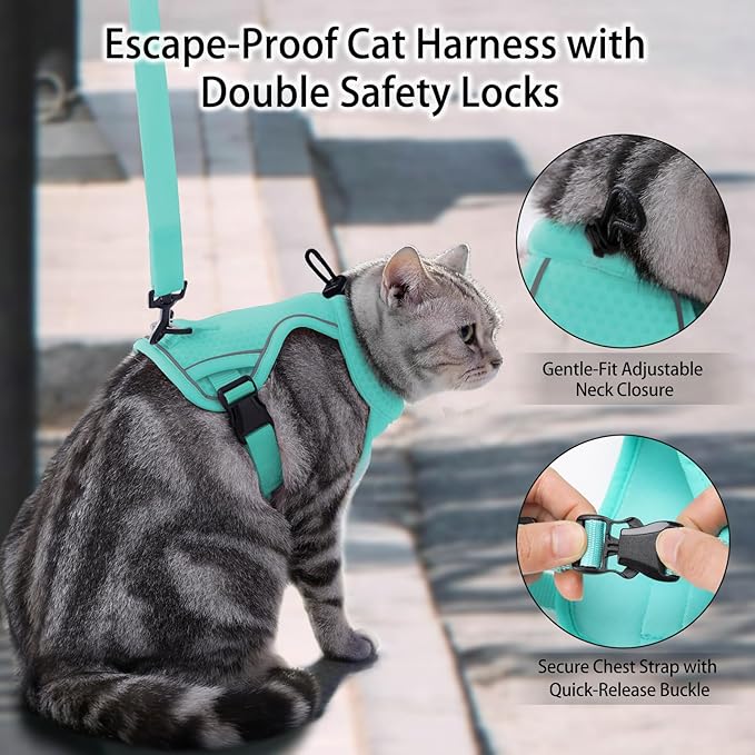 Dotoner Escape Proof Cat Harness and Leash Set Adjustable Soft Mesh Vest for Walking Safe Travel Vet Visit with Reflective Strips for Cats and Kittens(Turquoise-S)