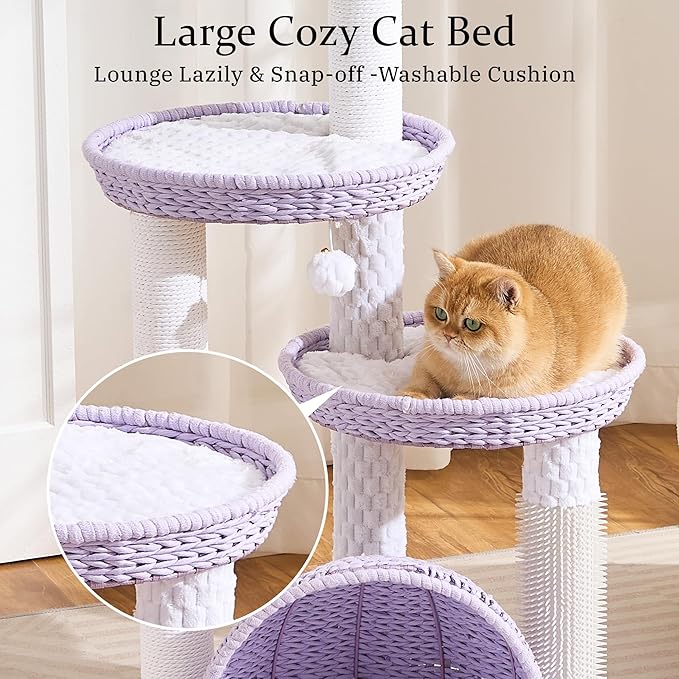 Wood Modern Cat Tree for Large Cat, 46" Tall Cat Tower with Scratching Posts, Cat Condo, Aesthetic Multi-Level Cat Climbing Tree with Hand-Woven Bed for Adult Indoor Cats-Purple