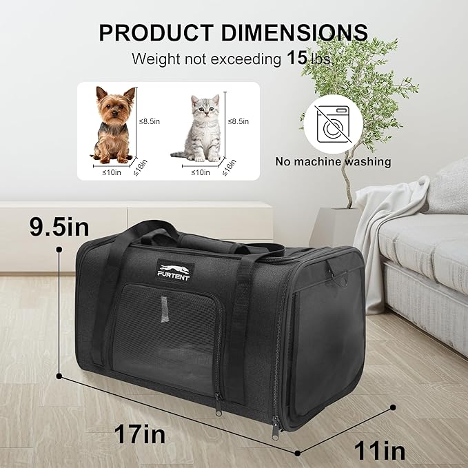 Soft Sided Cat Carrier Airline Approved up to 15lbs, 17x11x9.5 Inch Ventilated Pet Travel Bag with Foldable Litter Box & Storage, Portable Cat Transport Carrier for Flights Car Vet Black
