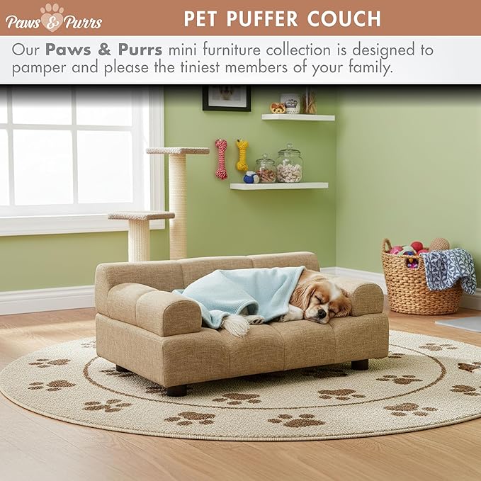 Paws & Purrs Puffer Pet Sofa Bed, Dog or Cat Couch with Tufted Cushion and Armrest, Stylish Indoor Pet Furniture, Sand