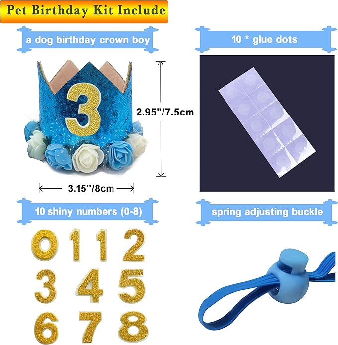 Dog Birthday Hat Adjustable Reusable Crown for Dogs Cats Puppy Kitten Birthday Party Headband with Numbers(Blue)
