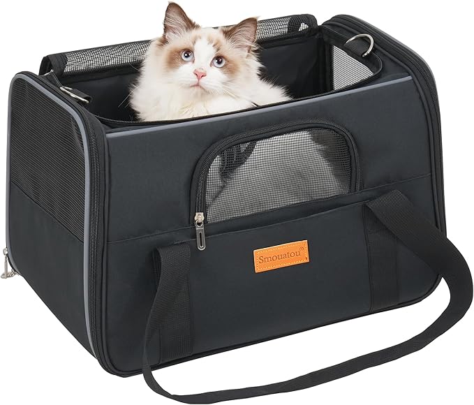 SMOUATOU Cat Carrier, Dog Carrier, Cat Bag Carrier, Cat Travel Carrier, Soft-Sided and Scratch-Proof mesh Cat Bag Pet Carriers, Travel Puppy Carry, Pet Home(Black)