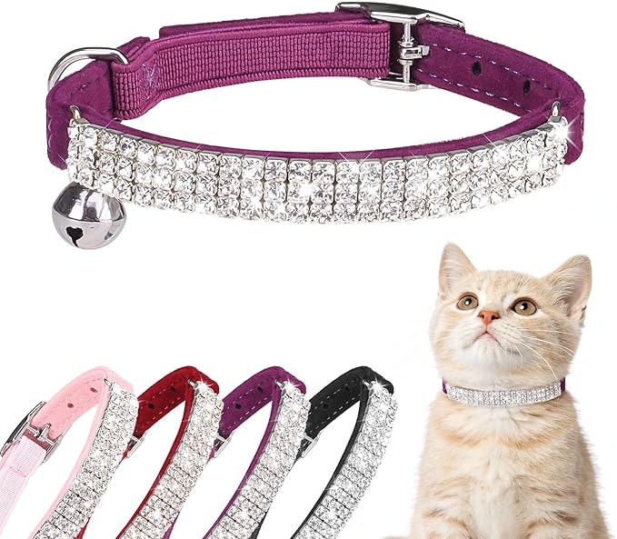 BINGPET Diamond Cat Collar with Bell, Adjustable Soft Velvet Bling Rhinestone Cat Collar, Sparkly Kitten Collar with Safety Elastic & Metal Buckle for Small Medium Cats