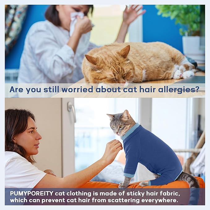 PUMYPOREITY Cat Calming Sweater – Helps Reduce Licking & Grooming Habits, Daily Comfort Shirt for Anxious Cats, Lightweight Fabric for Fur Control, Blue, S