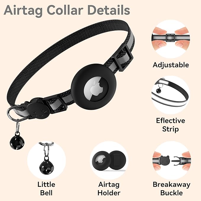 Meliya Airtag Cat Collar Breakaway with Bell, Adjustable Reflective Pet Kitten Collar with Apple Air Tag Holder Case for Girl Boy Cats (Striped Black)