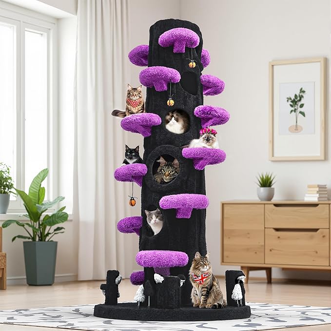 NUNU LAB Large Cat Tree for Indoor Cats, All-in-One Tall Cats Tower with Scratching Post and Plush Toys, Luxury Multi-Level Solid Wood Cat Condo for Multi-Cat Families (Purple&Black)