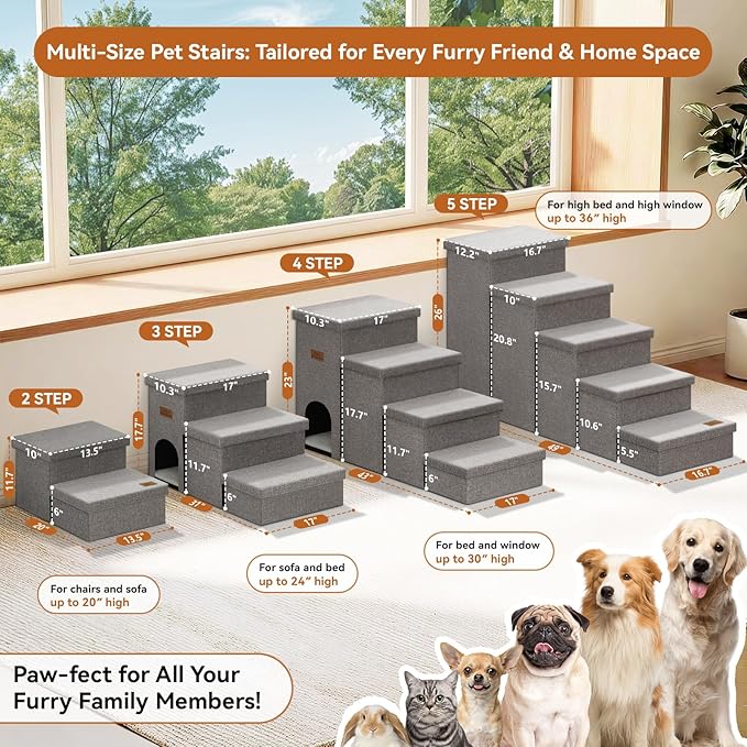 Zerbuger Dog Stairs 18" H, 3-Step Wider Dog Steps for High Beds Couch, Folding Storage Pet Stairs Gift for Small/Medium/Large Old Dogs Cats, Ramp for Climbing Car Up to 200 lbs, (Gray, with Condo)