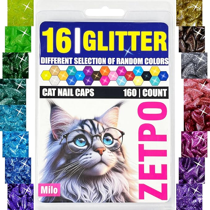 zetpo Glitter Cat Nail Caps | Cat Claw Covers | with Adhesives and Applicators (16x Glitter | 160 pcs, XS)