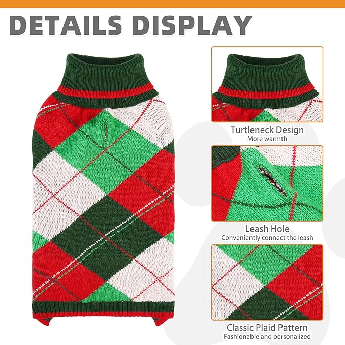 KOOLTAIL Dog Christmas Sweater Pet Knitted Clothes - Classic Plaid Pull Over Turtleneck Dog Sweaters with Leash Hole Warm Dogs Winter Clothing for Small Medium Dogs Cats Puppy Boy Girl Red & Green XS
