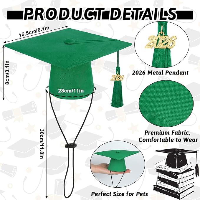 JULMELON Class of 2026 Graduation Cap with Tassel for Pets Cat Graduation Caps Adjustable Mini Black Hat for Small Dogs Cats Graduation Party Celebrations Pet Accessory