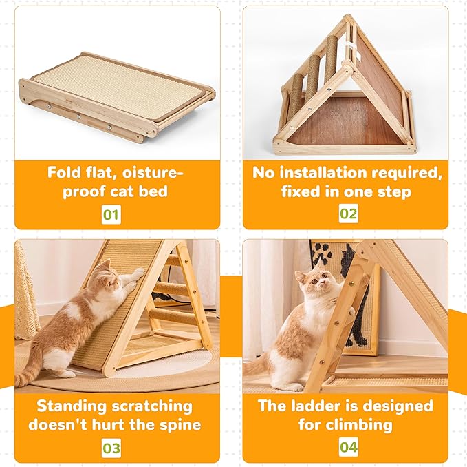 Large Sisal Cat Scratcher - Pre-Assembled Cat Scratching Post for Indoor Cats Adults & Kittens, Solid Wood Scratch Pad with Space-Saving Design