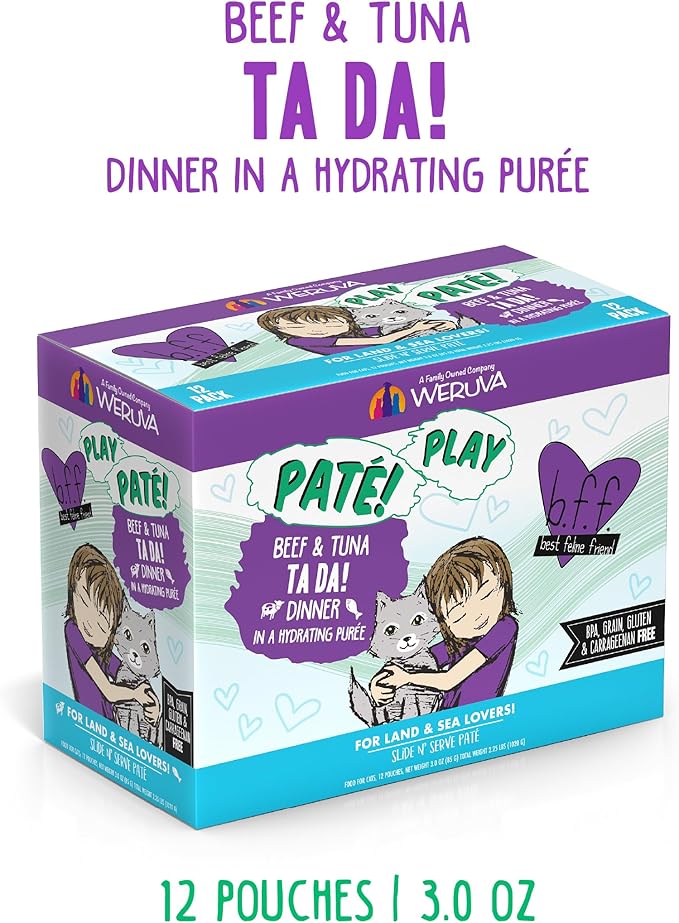 Weruva B.F.F. Play - Best Feline Friend Paté Lovers, Aw Yeah!, Beef & Tuna Ta Da! with Beef & Tuna, 3oz Pouch (Pack of 12)