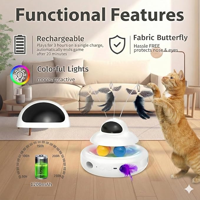 MOHAYA Cat Toys，4-in-1 Interactive Cat Toy for Indoor Cats with Laser, Fluttering Butterfly, Moving Feather and Track Balls - USB Rechargeable Self-Play Kitten Toy (White)