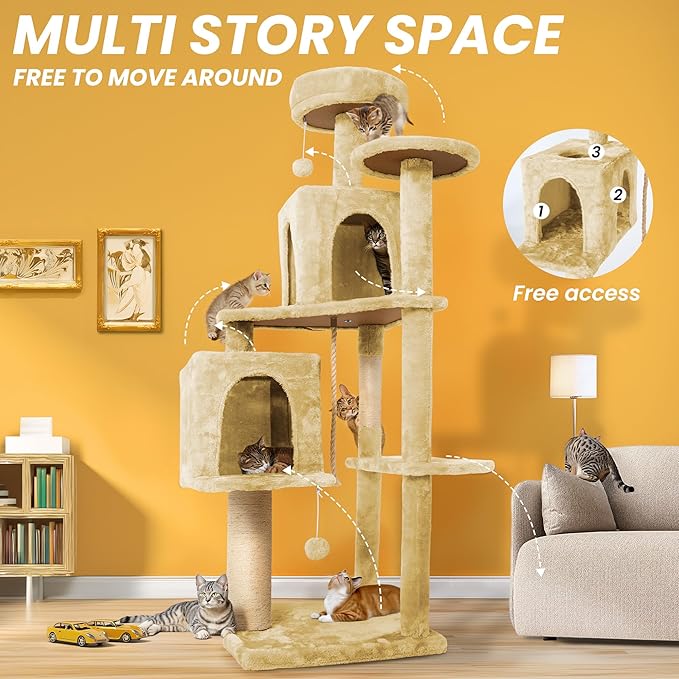 59in Large Cat Tree Tower for Indoor Cats with Soft Plush Hang Ball, Two Condos, Sisal Scratch Posts & Rope Play for Kittens/Adult Cats, New Beige