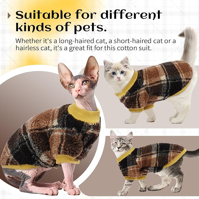 Sphynx Cat Sweater, Soft Fleece Pullover with Sleeves, Warm & Elastic Pet Clothes for Hairless Cats and Small Kittens, Cozy Winter Outfit Yellow M