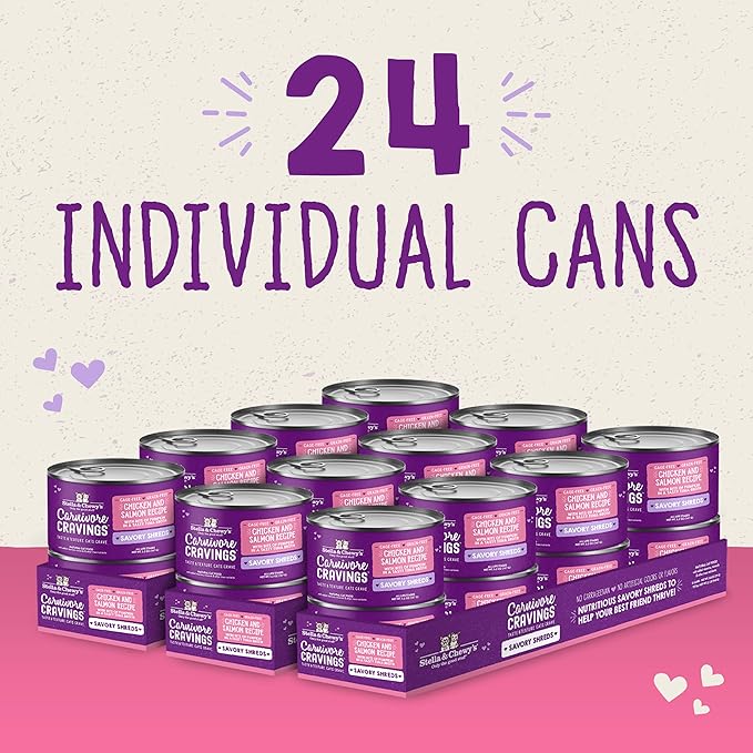 Stella & Chewy's Carnivore Cravings Savory Shreds Cans – Grain Free, Protein Rich Wet Cat Food – Cage-Free Chicken & Wild-Caught Salmon Recipe – (2.8 Ounce Cans, Case of 24)