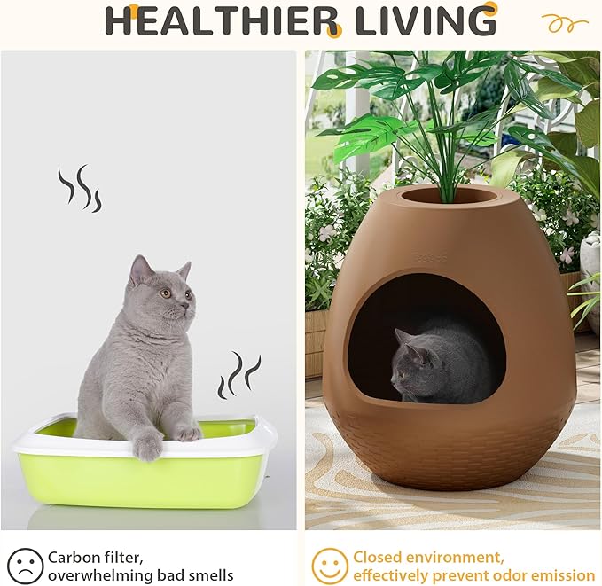 Eggloa6 Hidden Cat Litter Box with Artificial Plants - Egg-Shaped Enclosure Includes Scoop, Discreet Furniture for Home Decor, DIY Assembly Cat Litter Box Cabinet for Living Room (Coffee)