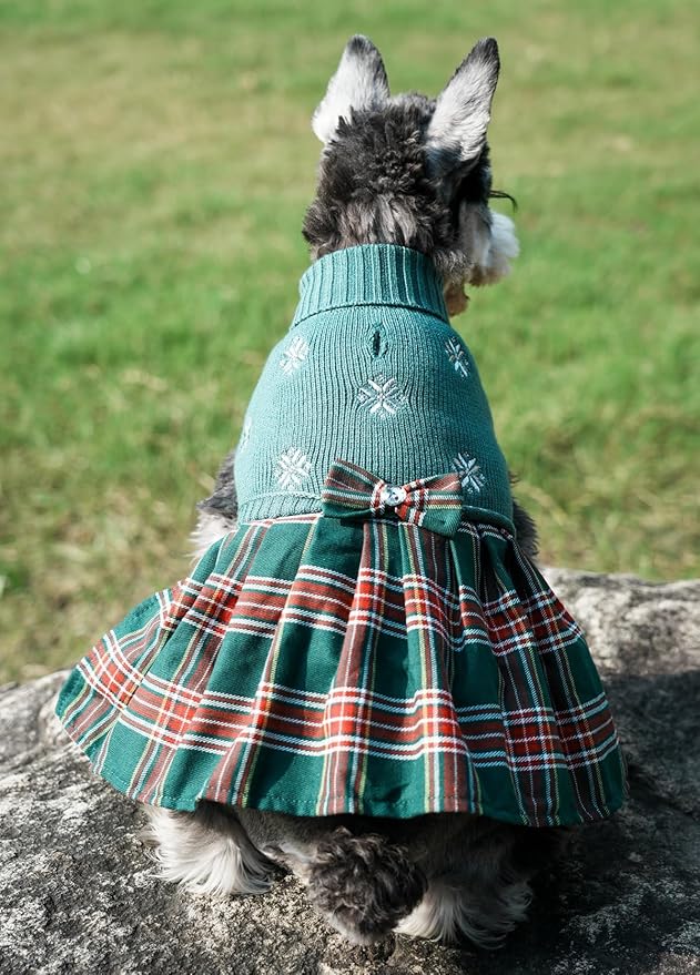Green Embroidery Snowflake Ugly Vintage Knit Reindeer Holiday Festive Christmas Dog Sweater Dress for Dogs Large (L) Size Back Length 15"