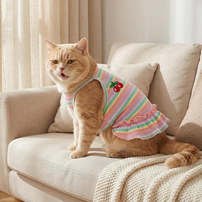 Jmkcoz Cute Striped Dog T Shirts Cherry Puppy Dress Soft Cotton Pet Sleeveless Vest Clothes Spring Summer Pet Outfits for Small Dogs Cats Girl (Pink, Large)