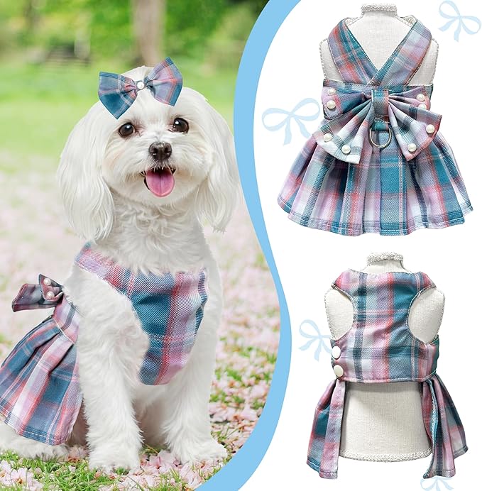 Dog Dress Bowknot Harness Leash Set for Small Dogs Girl Cute Plaid Dog Dress Pearls Bow Tie Spring Summer Princess Clothes Birthday Holiday Doggie Outfits for Puppy Cats Girl (Lake Blue, X-Large)