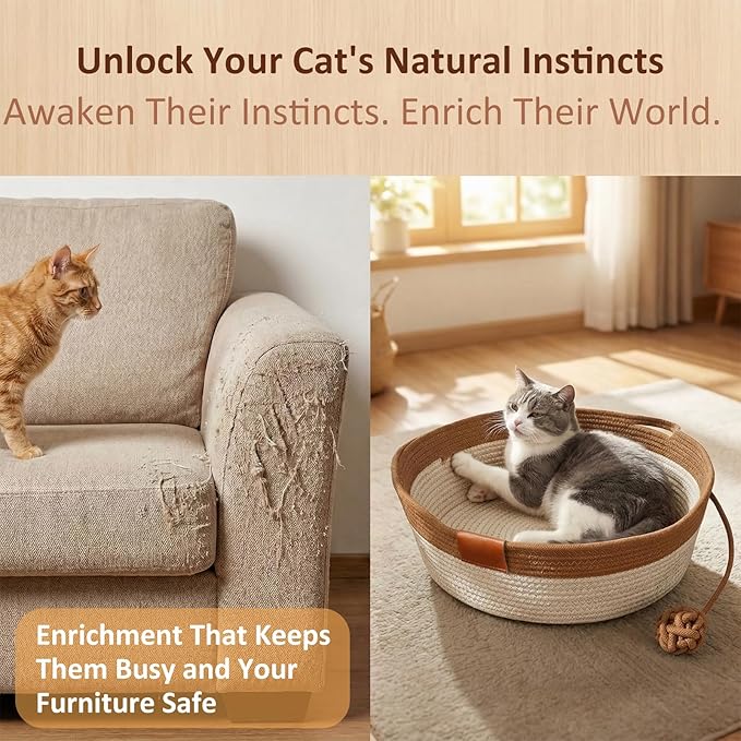 Instinct Basket for Cats - Handwoven Cotton Rope Enrichment Bed with Attached Toy Tail, Scratchable Interactive Pet Nest Features Flexible Walls to Fight Boredom & Protect Furniture (Brown, M)