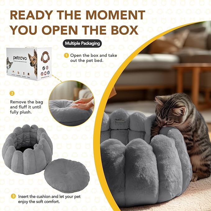 PETNOVO Grey Pumpkin Cat Bed, Plush Donut Cuddler with High Bolster, Non-Slip Cozy Pet Nest for Indoor Cats up to 13 lb and Small Dogs, 20L x 20W x 12H Inch