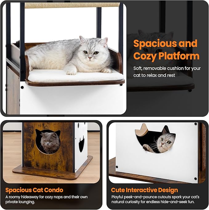 Wood Modern Cat Tree Tower for Indoor Large Cats, 48-Inch Tall Wooden Cat Trees with Big Perch Bed, Multi-Level Condo with Scratching Board Posts, Removable Pads, Cat Furniture, Rustic Brown
