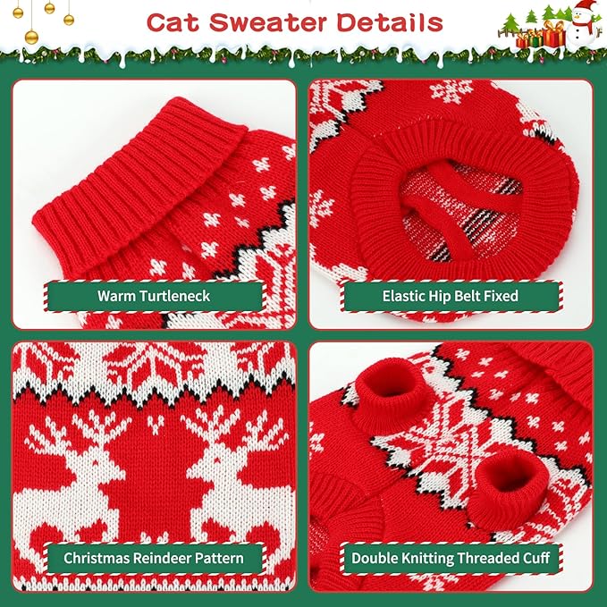 BWOGUE 2 Packs Cat Christmas Sweater, Knitwear Puppy Christmas Sweater with Reindeer Snowflake, Turtleneck Pet Kitten Sweaters for Cats Kitty Puppy Small Dogs（XL）