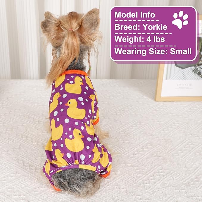 Dog Pajamas Small Sized Boy Girl, Cotton Stretchable Pet Clothes Jammies Puppy Outfits for Dogs Female Male, Spring Summer Doggie Doggy Pjs (Purple Duck, L)