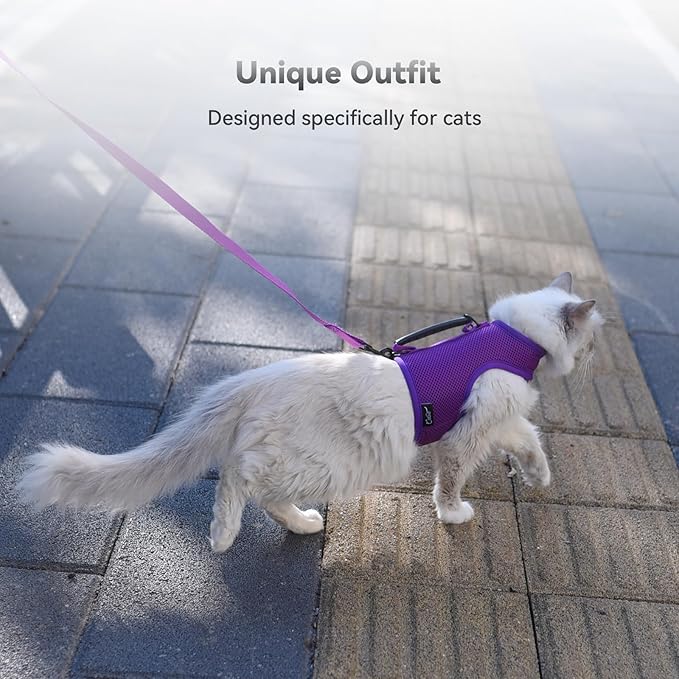 Cat Harness and Leash for Walking Escape Proof Breathable Mesh Fabric, Purple, Large, Adjustable Cat Walking Jackets with Handle, Padded Stylish Cat Vest