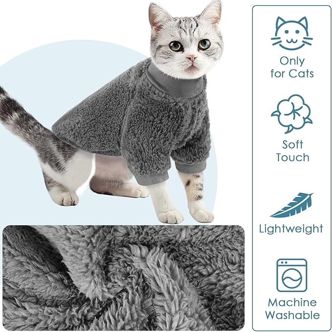 Sphynx Cat Sweater, Hairless Cats Turtleneck Pullover Kitten Sweaters for Cats Only, Warm and Soft Cat Pajamas Shirt with Sleeves Pet Winter Clothes Fleece Jumpsuit for Puppy, Grey L