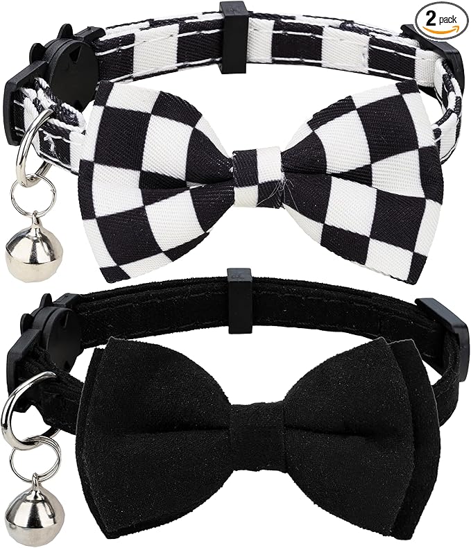 Collar for Cat Pet Breakaway with Bell Bowtie Detachable Bow Adjustable Safety Kitten Puppy Girl Boy 2pcs Plaid & Solid-Black