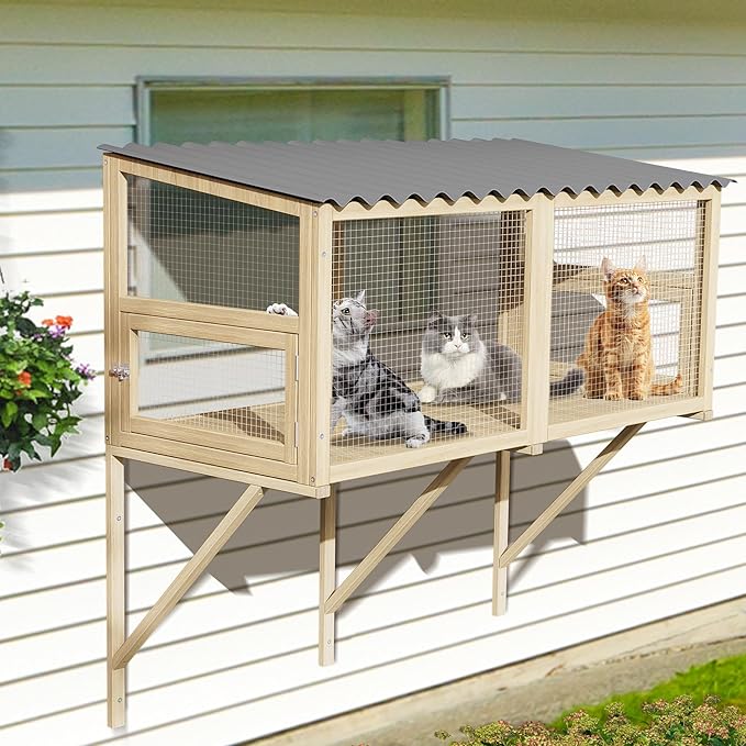 Cat Catio, Cat Window Box for Multiple Indoor Cats, Catio Pet Perch with Metal Mesh Locking Side Door, Wooden Enclosure Window All Weather Use 360° Enjoying Outdoors (Original Wood, Large)