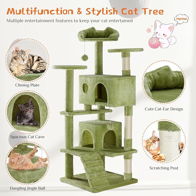 Sweetcrispy 54 Inch Cat Tree Tower, Multi-Level with Cat Scratching Post, Indoor Cat Condo with Climbing Ladder, Plush Toy, Play House for Cat, Green