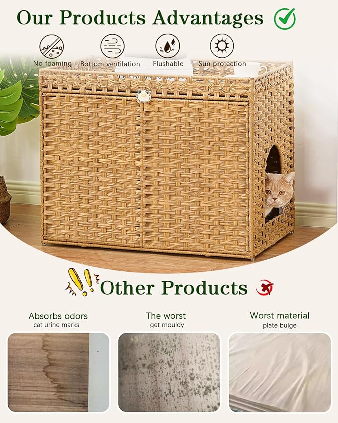 SETVSON Cat Litter Box Enclosure Furniture, Handwoven Rattan Hidden Litter Box with Mat, Large Space Cat House with 2 S-Shaped Hooks 30.3 x 18.3 x 24.4 Inches, Indoor for Living Room Apartment Natural