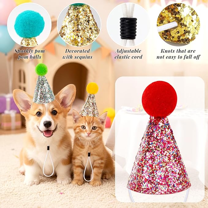 10Pcs Small Dog Party Hats with Sequins, Cats Adjustable Holiday Hats, Puppy Paper Hats for Birthday, Mini Party Hats for Stuffed Animals, Glitter Birthday Party Hats with Pom Poms for Pets