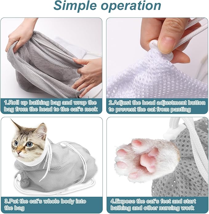 Cat Bathing Bag, Breathable Mesh Cat Shower Bag Anti Scratch Adjustable Washing Grooming Bag for Nail Trimming Polyester Soft